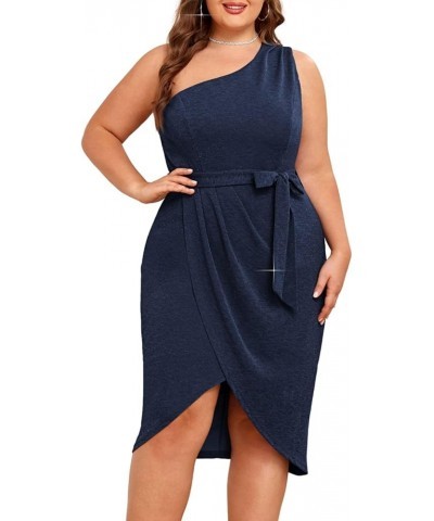 Women's Plus Size One Shoulder Bodycon Dresses Glitter Wrap Hem Belted Cocktail Midi Dress Glitter Glitter-navy Blue $19.50 D...