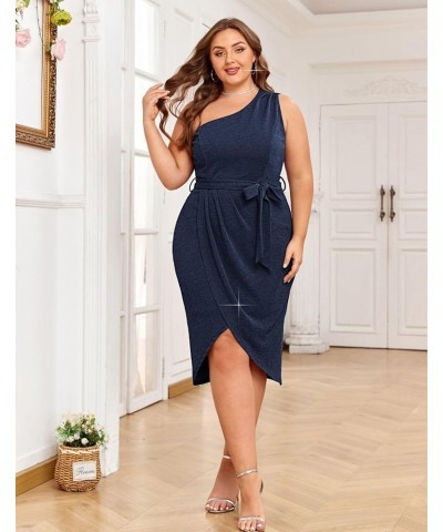 Women's Plus Size One Shoulder Bodycon Dresses Glitter Wrap Hem Belted Cocktail Midi Dress Glitter Glitter-navy Blue $19.50 D...