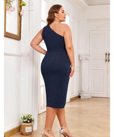 Women's Plus Size One Shoulder Bodycon Dresses Glitter Wrap Hem Belted Cocktail Midi Dress Glitter Glitter-navy Blue $19.50 D...