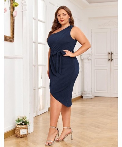 Women's Plus Size One Shoulder Bodycon Dresses Glitter Wrap Hem Belted Cocktail Midi Dress Glitter Glitter-navy Blue $19.50 D...