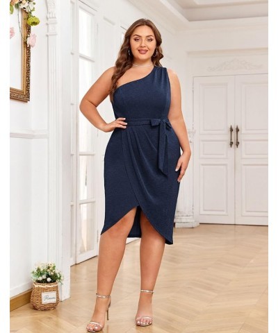 Women's Plus Size One Shoulder Bodycon Dresses Glitter Wrap Hem Belted Cocktail Midi Dress Glitter Glitter-navy Blue $19.50 D...