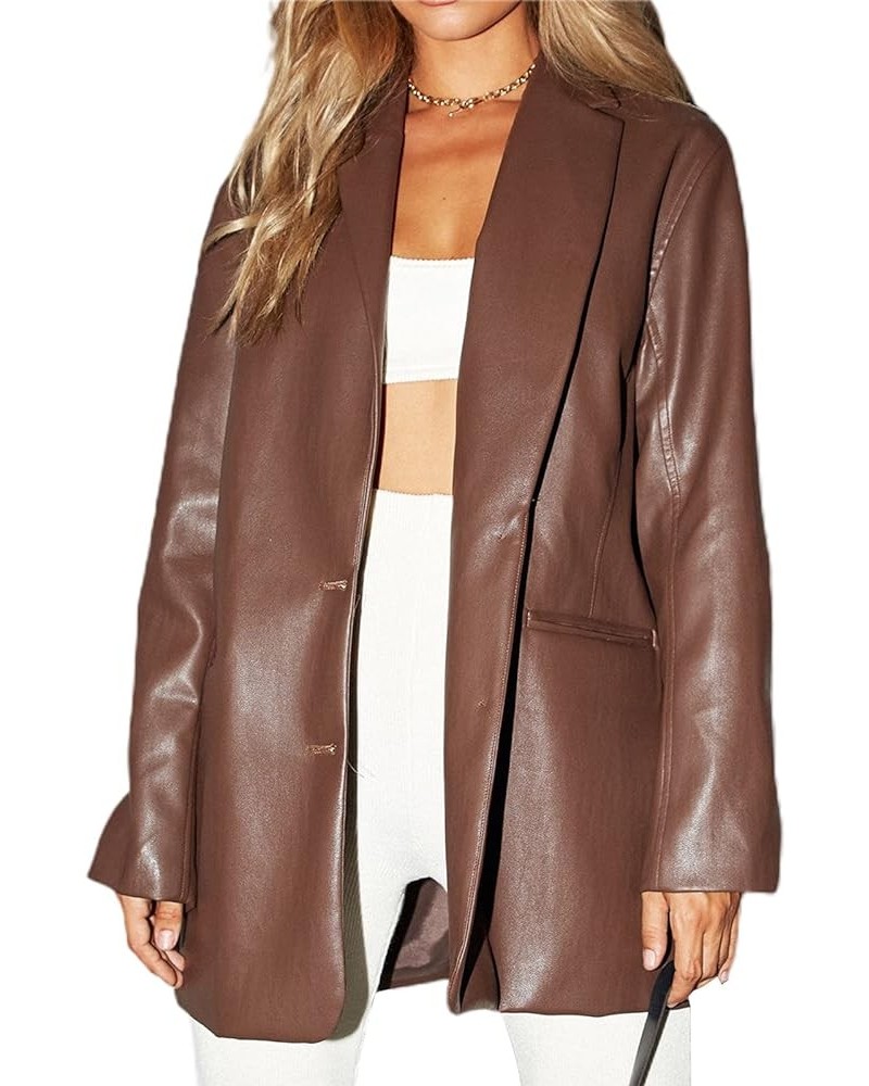 Women Faux Leather Blazer Jacket Casual Long Sleeve Lapel Collar PU Leather Button Down Coat Loose Brown $18.00 Coats