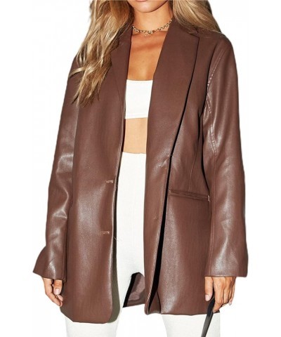 Women Faux Leather Blazer Jacket Casual Long Sleeve Lapel Collar PU Leather Button Down Coat Loose Brown $18.00 Coats