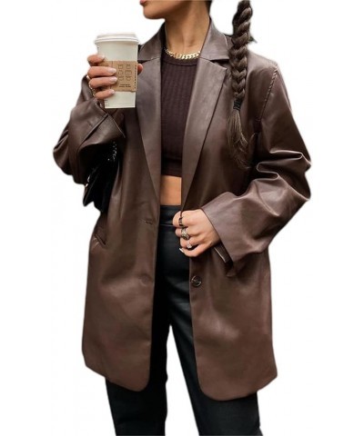 Women Faux Leather Blazer Jacket Casual Long Sleeve Lapel Collar PU Leather Button Down Coat Loose Brown $18.00 Coats