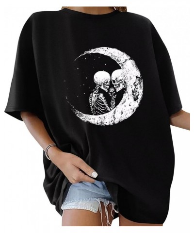 Women’s Oversized Graphic Print Short Sleeve Tunic Tops Crew Neck Casual Drop Shoulder T Shirts H Skull Black $12.74 T-Shirts