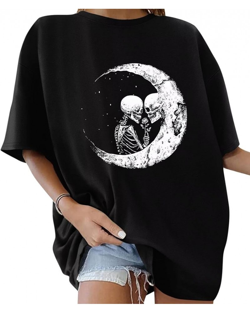 Women’s Oversized Graphic Print Short Sleeve Tunic Tops Crew Neck Casual Drop Shoulder T Shirts H Skull Black $12.74 T-Shirts