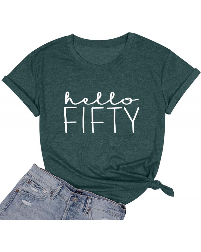 50th Birthday Gift Shirts for Women Hello Fifty Letter Print Retro T Shirt Birthday Party Short Sleeve Tee Tops Dark Green-2 ...