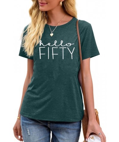 50th Birthday Gift Shirts for Women Hello Fifty Letter Print Retro T Shirt Birthday Party Short Sleeve Tee Tops Dark Green-2 ...