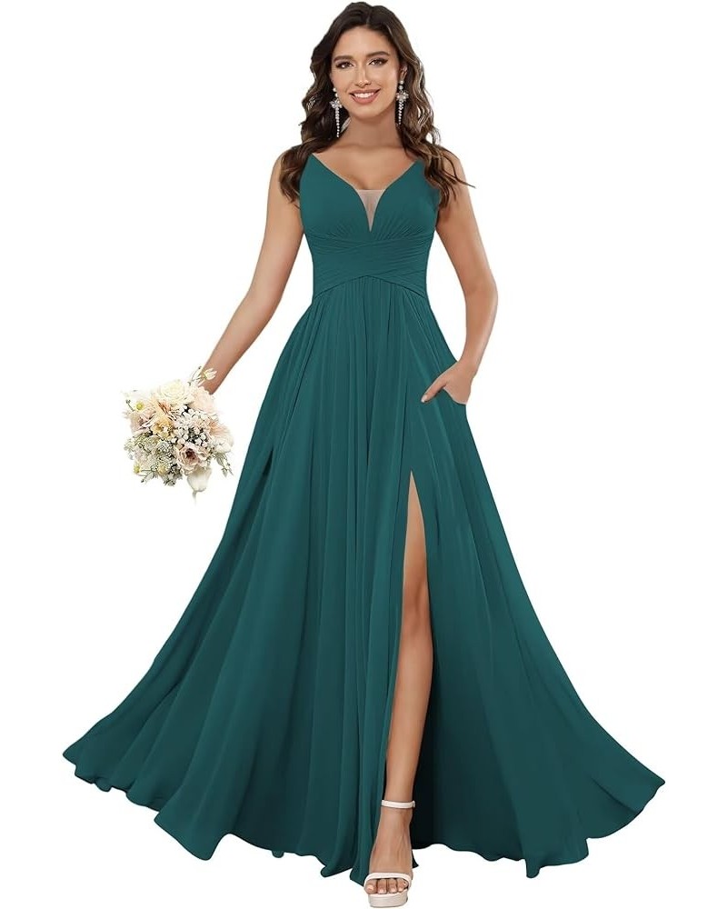 Women's V Neck Bridesmaid Dresses for Women Chiffon Ruched Formal Evening Dress with Silt PU119 Peacock $34.10 Dresses