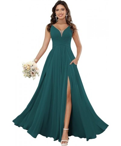 Women's V Neck Bridesmaid Dresses for Women Chiffon Ruched Formal Evening Dress with Silt PU119 Peacock $34.10 Dresses