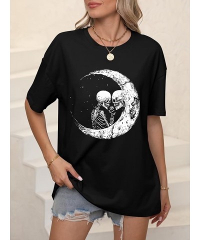 Women’s Oversized Graphic Print Short Sleeve Tunic Tops Crew Neck Casual Drop Shoulder T Shirts H Skull Black $12.74 T-Shirts