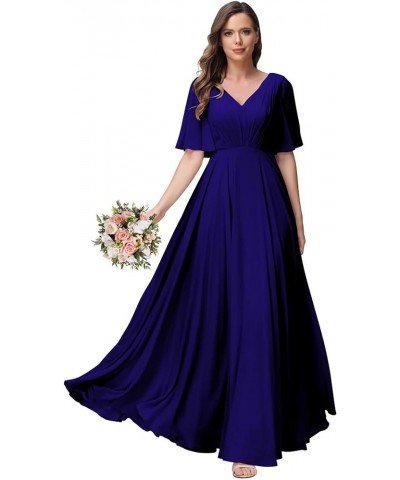 Womens V Neck Batwing Sleeves Ruched Chiffon Bridesmaid Dresses Long Formal Party Gowns with Pockets BF06 Royal Blue $25.62 D...