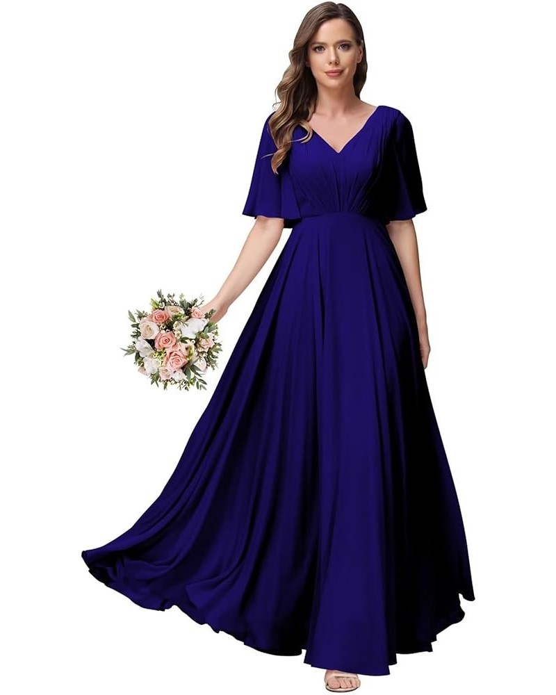 Womens V Neck Batwing Sleeves Ruched Chiffon Bridesmaid Dresses Long Formal Party Gowns with Pockets BF06 Royal Blue $25.62 D...