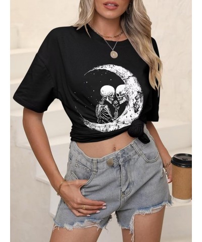 Women’s Oversized Graphic Print Short Sleeve Tunic Tops Crew Neck Casual Drop Shoulder T Shirts H Skull Black $12.74 T-Shirts