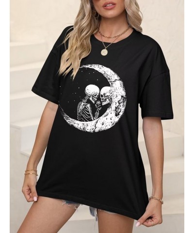 Women’s Oversized Graphic Print Short Sleeve Tunic Tops Crew Neck Casual Drop Shoulder T Shirts H Skull Black $12.74 T-Shirts