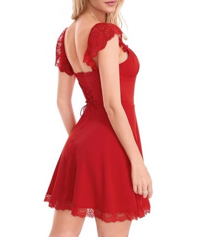 Graduation Dresses for Women 2023 Lace Short Sleeve Backless Bodycon A-Line Dress Aesthetic Fairy Corset Mini Dress F Red $10...