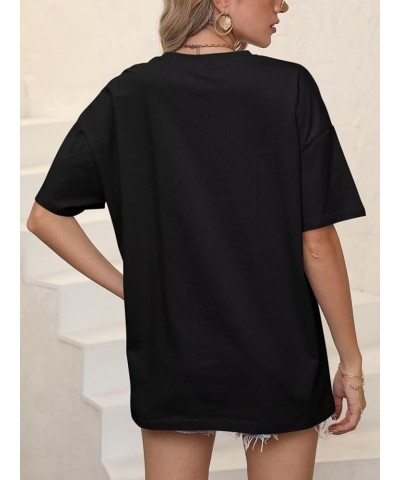 Women’s Oversized Graphic Print Short Sleeve Tunic Tops Crew Neck Casual Drop Shoulder T Shirts H Skull Black $12.74 T-Shirts