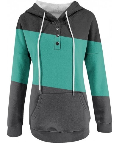 Womens Fall Fashion 2023,Womens Casual Patchwork Button Long Sleeve Hoodies Pullover Drawstring Pocket Sweatshirt 2-cyan $9.9...