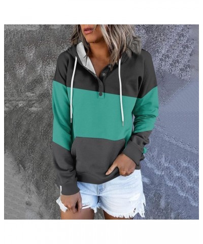 Womens Fall Fashion 2023,Womens Casual Patchwork Button Long Sleeve Hoodies Pullover Drawstring Pocket Sweatshirt 2-cyan $9.9...