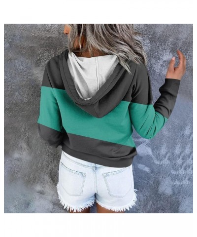 Womens Fall Fashion 2023,Womens Casual Patchwork Button Long Sleeve Hoodies Pullover Drawstring Pocket Sweatshirt 2-cyan $9.9...