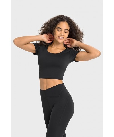 Padded Workout Tops for Women, Cropped Yoga Gym Sports T-Shirts, Athletic Short Sleeve Tees with Built in Bra Black $11.00 Li...