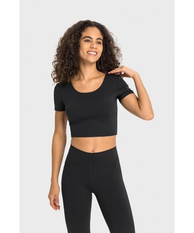 Padded Workout Tops for Women, Cropped Yoga Gym Sports T-Shirts, Athletic Short Sleeve Tees with Built in Bra Black $11.00 Li...