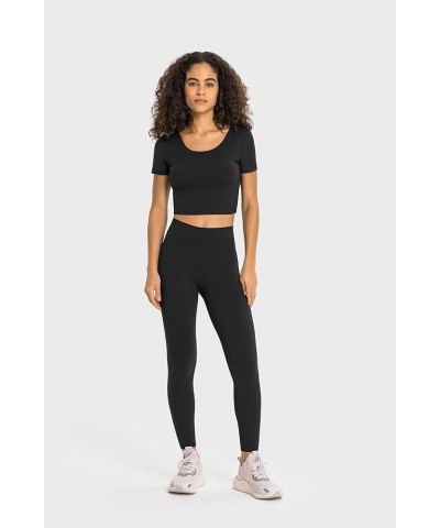 Padded Workout Tops for Women, Cropped Yoga Gym Sports T-Shirts, Athletic Short Sleeve Tees with Built in Bra Black $11.00 Li...