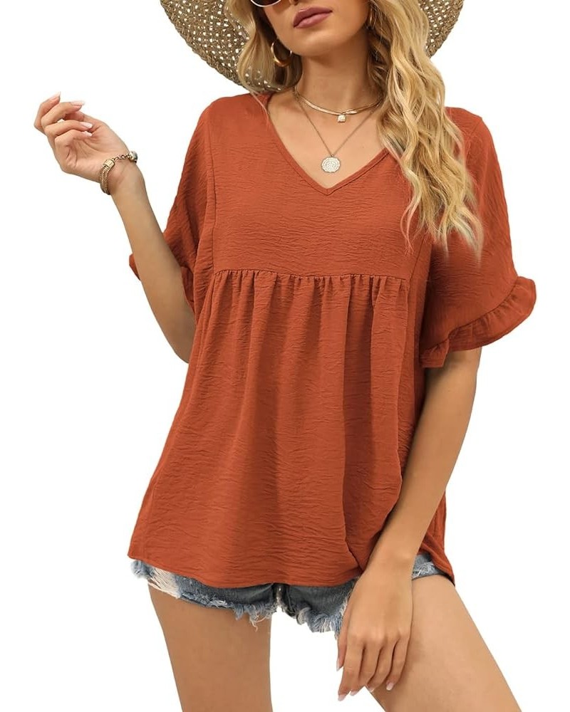 Womens Tops Casual V Neck Ruffle Sleeve T Shirts Babydoll Loose Fit Peplum Tops 2-brown $9.00 Blouses