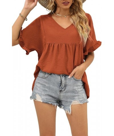 Womens Tops Casual V Neck Ruffle Sleeve T Shirts Babydoll Loose Fit Peplum Tops 2-brown $9.00 Blouses