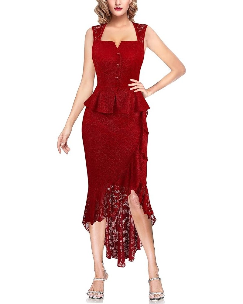 Womens Square Neck Peplum Ruffle Button Cocktail Party Bodycon Midi Mermaid Dress Red Floral Lace $28.04 Dresses