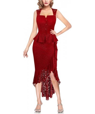 Womens Square Neck Peplum Ruffle Button Cocktail Party Bodycon Midi Mermaid Dress Red Floral Lace $28.04 Dresses