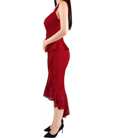 Womens Square Neck Peplum Ruffle Button Cocktail Party Bodycon Midi Mermaid Dress Red Floral Lace $28.04 Dresses