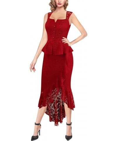 Womens Square Neck Peplum Ruffle Button Cocktail Party Bodycon Midi Mermaid Dress Red Floral Lace $28.04 Dresses