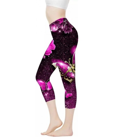 Women Capri Yoga Leggings High Waist Stretch Sports Workout Pants Tummy Control Purple Butterfly $11.25 Pants