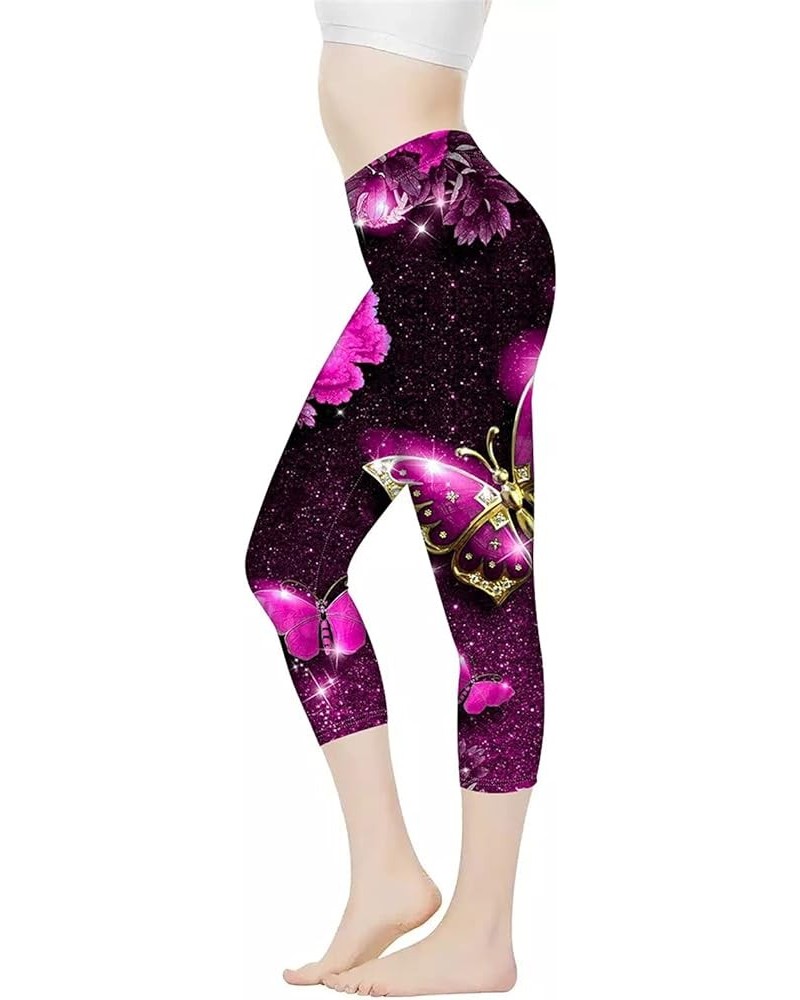 Women Capri Yoga Leggings High Waist Stretch Sports Workout Pants Tummy Control Purple Butterfly $11.25 Pants