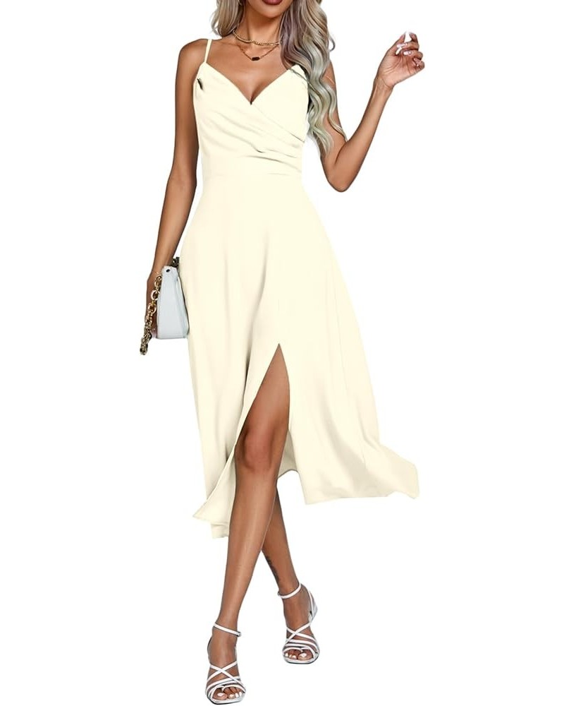 Women's Strapy Wrap V Neck Ruched High Waist Sleeveless Split Hem Midi Dress Light Khaki $25.38 Dresses