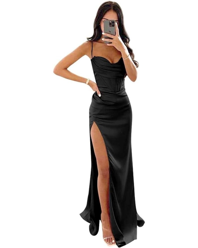 Women Spaghetti Strap Bridesmaid Dresses Satin V Neck Long Mermaid Prom Dresses with Slit Formal Evening Gowns RYA12 Black $3...