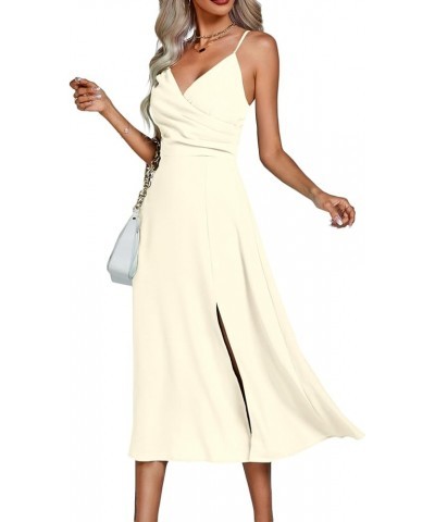 Women's Strapy Wrap V Neck Ruched High Waist Sleeveless Split Hem Midi Dress Light Khaki $25.38 Dresses