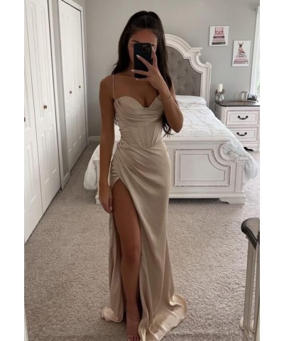 Women Spaghetti Strap Bridesmaid Dresses Satin V Neck Long Mermaid Prom Dresses with Slit Formal Evening Gowns RYA12 Black $3...