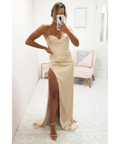 Women Spaghetti Strap Bridesmaid Dresses Satin V Neck Long Mermaid Prom Dresses with Slit Formal Evening Gowns RYA12 Black $3...