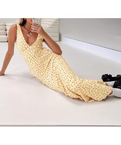 Women Y2K Floral Long Dress Spaghetti Strap Low Cut Maxi Dress Lace Trim Backless Bodycon Cami Dress Clubwear F-yellow Flower...