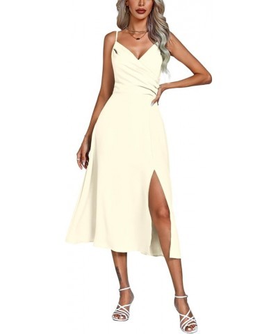 Women's Strapy Wrap V Neck Ruched High Waist Sleeveless Split Hem Midi Dress Light Khaki $25.38 Dresses