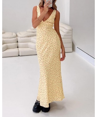 Women Y2K Floral Long Dress Spaghetti Strap Low Cut Maxi Dress Lace Trim Backless Bodycon Cami Dress Clubwear F-yellow Flower...