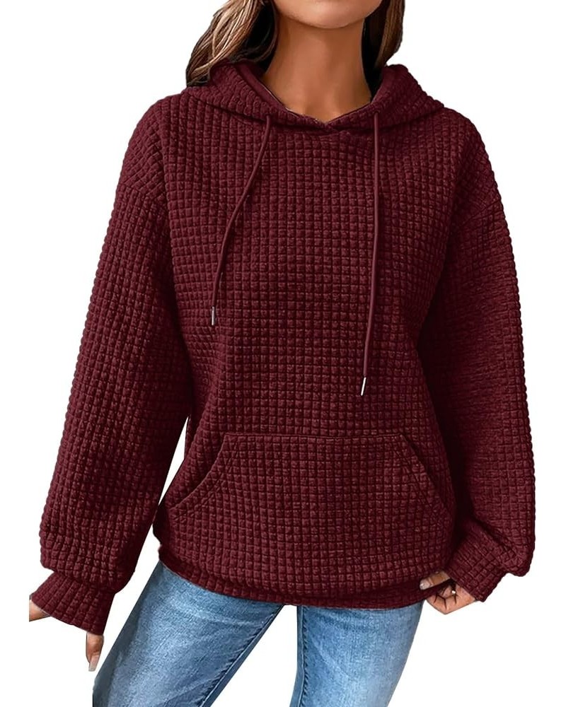 Women's Long Sleeve Hooded Sweatshirt Waffle Textured Drop Shoulder Drawstring Casual Pullover Winter Sweatshirt Red-1 $15.19...