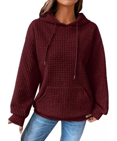 Women's Long Sleeve Hooded Sweatshirt Waffle Textured Drop Shoulder Drawstring Casual Pullover Winter Sweatshirt Red-1 $15.19...