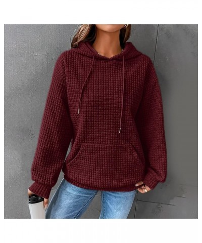 Women's Long Sleeve Hooded Sweatshirt Waffle Textured Drop Shoulder Drawstring Casual Pullover Winter Sweatshirt Red-1 $15.19...