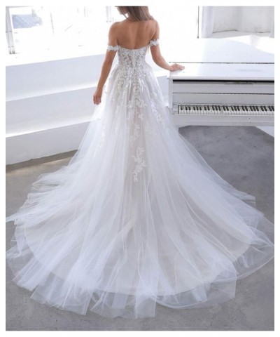 Lace Beach Wedding Dresses for Bride 2022 Tulle Off The Shoulder Appliqued Bridal Wedding Gowns White $57.98 Dresses