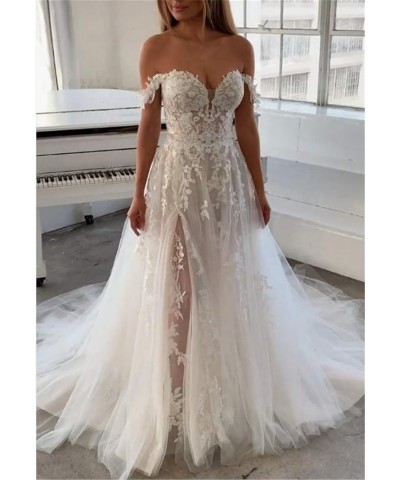 Lace Beach Wedding Dresses for Bride 2022 Tulle Off The Shoulder Appliqued Bridal Wedding Gowns White $57.98 Dresses