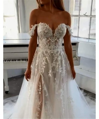 Lace Beach Wedding Dresses for Bride 2022 Tulle Off The Shoulder Appliqued Bridal Wedding Gowns White $57.98 Dresses