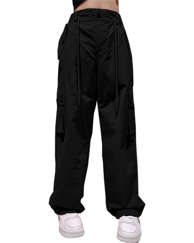 Girls Womens Y2k Cargo Pants Casual Elastic Waist Multi Pocket Straight Wide Leg Trousers 8black $22.19 Pants